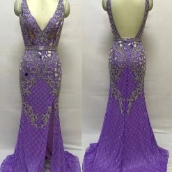 In Stock Primavera Couture 3640 Size 6 Long Beaded Cut Glass Formal Prom Dress Slit Backless Backless Dresses