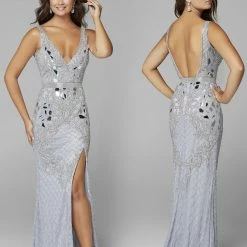 In Stock Primavera Couture 3640 Size 6 Long Beaded Cut Glass Formal Prom Dress Slit Backless Backless Dresses