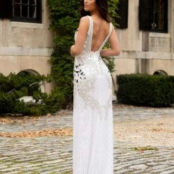 In Stock Primavera Couture 3640 Size 6 Long Beaded Cut Glass Formal Prom Dress Slit Backless Backless Dresses