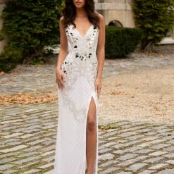 In Stock Primavera Couture 3640 Size 6 Long Beaded Cut Glass Formal Prom Dress Slit Backless Backless Dresses