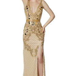 In Stock Primavera Couture 3640 Size 6 Long Beaded Cut Glass Formal Prom Dress Slit Backless Backless Dresses