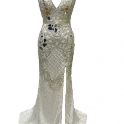 In Stock Primavera Couture 3640 Size 6 Long Beaded Cut Glass Formal Prom Dress Slit Backless Backless Dresses