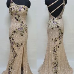 Primavera Couture 3641 Long Beaded One Shoulder Prom Dress Formal Slit Backless Backless Dresses