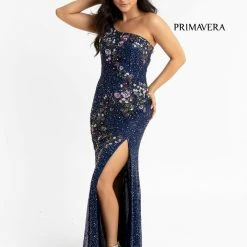 Primavera Couture 3641 Long Beaded One Shoulder Prom Dress Formal Slit Backless Backless Dresses