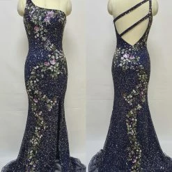 Primavera Couture 3641 Long Beaded One Shoulder Prom Dress Formal Slit Backless Backless Dresses