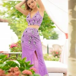 In Stock Primavera Couture 3647 Size 8 Raspberry Beaded Two Piece Prom Dress Backless Slit Backless Dresses