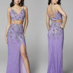 In Stock Primavera Couture 3647 Size 8 Raspberry Beaded Two Piece Prom Dress Backless Slit Backless Dresses