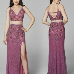 In Stock Primavera Couture 3647 Size 8 Raspberry Beaded Two Piece Prom Dress Backless Slit Backless Dresses