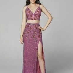 In Stock Primavera Couture 3647 Size 8 Raspberry Beaded Two Piece Prom Dress Backless Slit Backless Dresses
