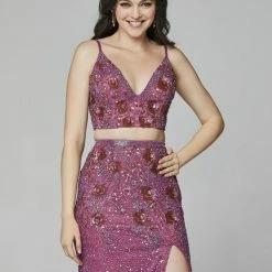 In Stock Primavera Couture 3647 Size 8 Raspberry Beaded Two Piece Prom Dress Backless Slit Backless Dresses