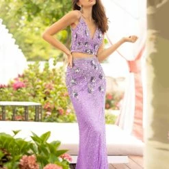 In Stock Primavera Couture 3647 Size 8 Raspberry Beaded Two Piece Prom Dress Backless Slit Backless Dresses