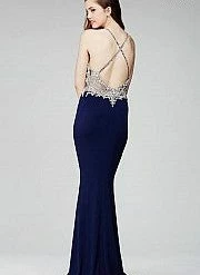 In Stock Backless Dresses Jovani 33473 Blush/Gold Size 00 Embellished Neckline Stretch Jersey Prom Dress