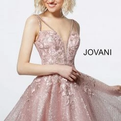 Jovani 3654 Blush Plunging Neck Fit And Flare Cocktail Dress Prom Floral Lace