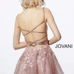 Jovani 3654 Blush Plunging Neck Fit And Flare Cocktail Dress Prom Floral Lace