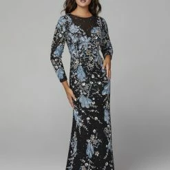 Sequin Dresses Primavera Couture 3675 Long Sleeve Beaded Print Evening Gown Sheer Neckline