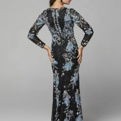 Sequin Dresses Primavera Couture 3675 Long Sleeve Beaded Print Evening Gown Sheer Neckline