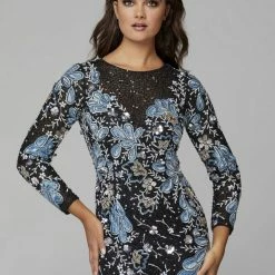 Sequin Dresses Primavera Couture 3675 Long Sleeve Beaded Print Evening Gown Sheer Neckline