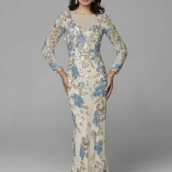Sequin Dresses Primavera Couture 3675 Long Sleeve Beaded Print Evening Gown Sheer Neckline