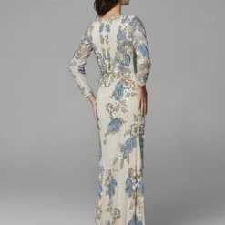 Sequin Dresses Primavera Couture 3675 Long Sleeve Beaded Print Evening Gown Sheer Neckline