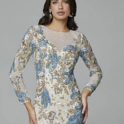 Sequin Dresses Primavera Couture 3675 Long Sleeve Beaded Print Evening Gown Sheer Neckline