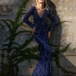 Sequin Dresses Primavera Couture 3676 Plunging V Neckline Beaded Long Sleeve Evening Gown