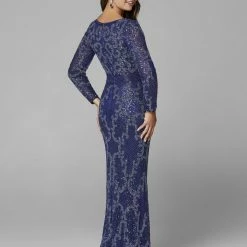 Sequin Dresses Primavera Couture 3676 Plunging V Neckline Beaded Long Sleeve Evening Gown