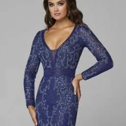 Sequin Dresses Primavera Couture 3676 Plunging V Neckline Beaded Long Sleeve Evening Gown