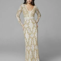 Sequin Dresses Primavera Couture 3676 Plunging V Neckline Beaded Long Sleeve Evening Gown