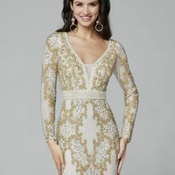 Sequin Dresses Primavera Couture 3676 Plunging V Neckline Beaded Long Sleeve Evening Gown