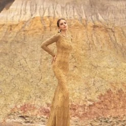 Primavera Couture 3678 Long Hand Beaded Evening Gown Long Sleeved