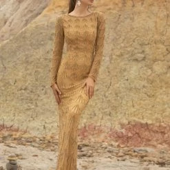 Primavera Couture 3678 Long Hand Beaded Evening Gown Long Sleeved