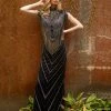 Primavera Couture 3679 High Neckline Fringe Cap Sleeve Evening Gown Beaded Dress