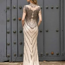 Primavera Couture 3679 High Neckline Fringe Cap Sleeve Evening Gown Beaded Dress