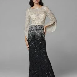 Primavera Couture 3680 Bateau Neckline Sheer Bell Sleeves Evening Gown Beaded Dress Sequin Dresses