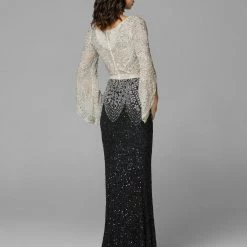 Primavera Couture 3680 Bateau Neckline Sheer Bell Sleeves Evening Gown Beaded Dress Sequin Dresses