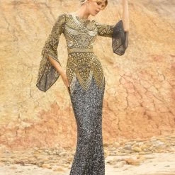 Primavera Couture 3680 Bateau Neckline Sheer Bell Sleeves Evening Gown Beaded Dress Sequin Dresses