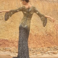 Primavera Couture 3680 Bateau Neckline Sheer Bell Sleeves Evening Gown Beaded Dress Sequin Dresses