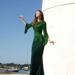 Primavera Couture 3680 Bateau Neckline Sheer Bell Sleeves Evening Gown Beaded Dress Sequin Dresses