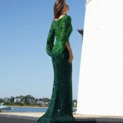 Primavera Couture 3680 Bateau Neckline Sheer Bell Sleeves Evening Gown Beaded Dress Sequin Dresses