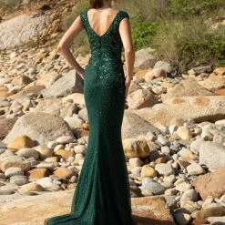 Sequin Dresses Primavera Couture 3682 Cap Sleeve Beaded Long Evening Gown Bateau Neckline