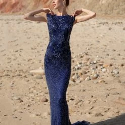 Sequin Dresses Primavera Couture 3682 Cap Sleeve Beaded Long Evening Gown Bateau Neckline