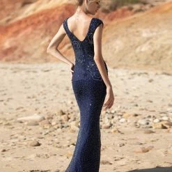 Sequin Dresses Primavera Couture 3682 Cap Sleeve Beaded Long Evening Gown Bateau Neckline