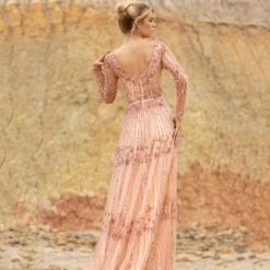 In Stock Primavera Couture 3685 Size 18 Beaded A Line Evening Gown Long Sleeved Bateau Neckline