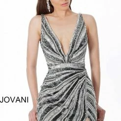 Jovani 3685 Gunmetal Short Cocktail Dress Homecoming Deep V Neckline Sizes 00-24