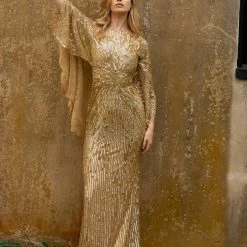 Sequin Dresses Primavera Couture 3687 Sequin Beaded Long Evening Gown With Cape Sleeves