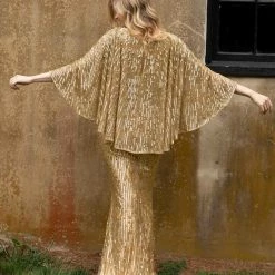 Sequin Dresses Primavera Couture 3687 Sequin Beaded Long Evening Gown With Cape Sleeves