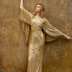 Sequin Dresses Primavera Couture 3687 Sequin Beaded Long Evening Gown With Cape Sleeves