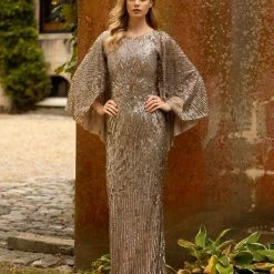 Sequin Dresses Primavera Couture 3687 Sequin Beaded Long Evening Gown With Cape Sleeves
