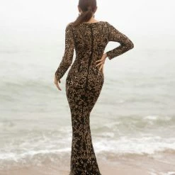 Primavera Couture 3688 Long Sleeved Fitted Sequins Evening Gown Formal Dress Sequin Dresses