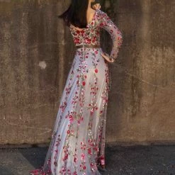 Primavera Couture 3691 Long Sleeve Beaded A Line Evening Gown V Neckline Dress